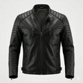 Men's Original Black Leather Biker Jacket with Band Collar - Premium Quilted Moto Racer