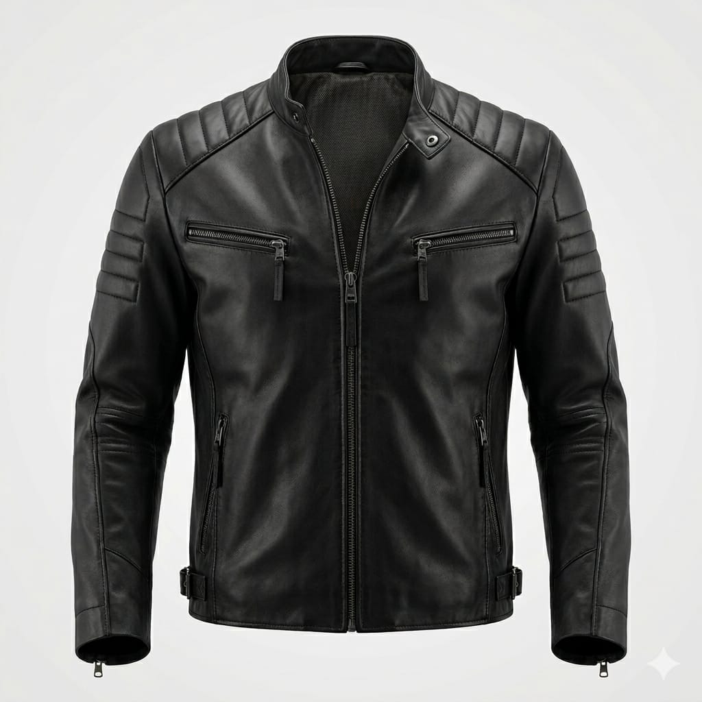 Men's Original Black Leather Biker Jacket with Band Collar - Premium Quilted Moto Racer