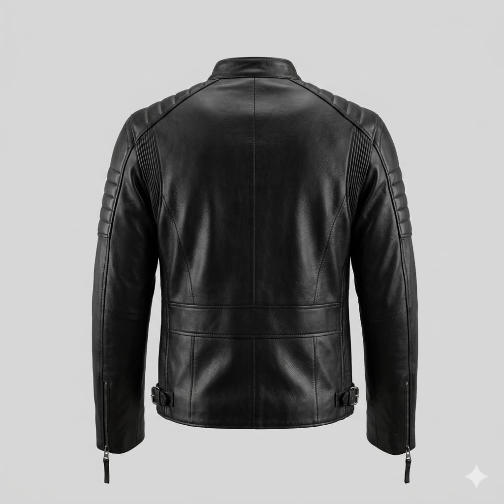 Men's Original Black Leather Biker Jacket with Band Collar - Premium Quilted Moto Racer