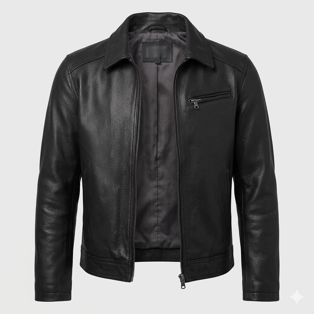 Men's Black Original Leather Bomber Jacket with Shirt Collar - Premium Classic Flight Jacket