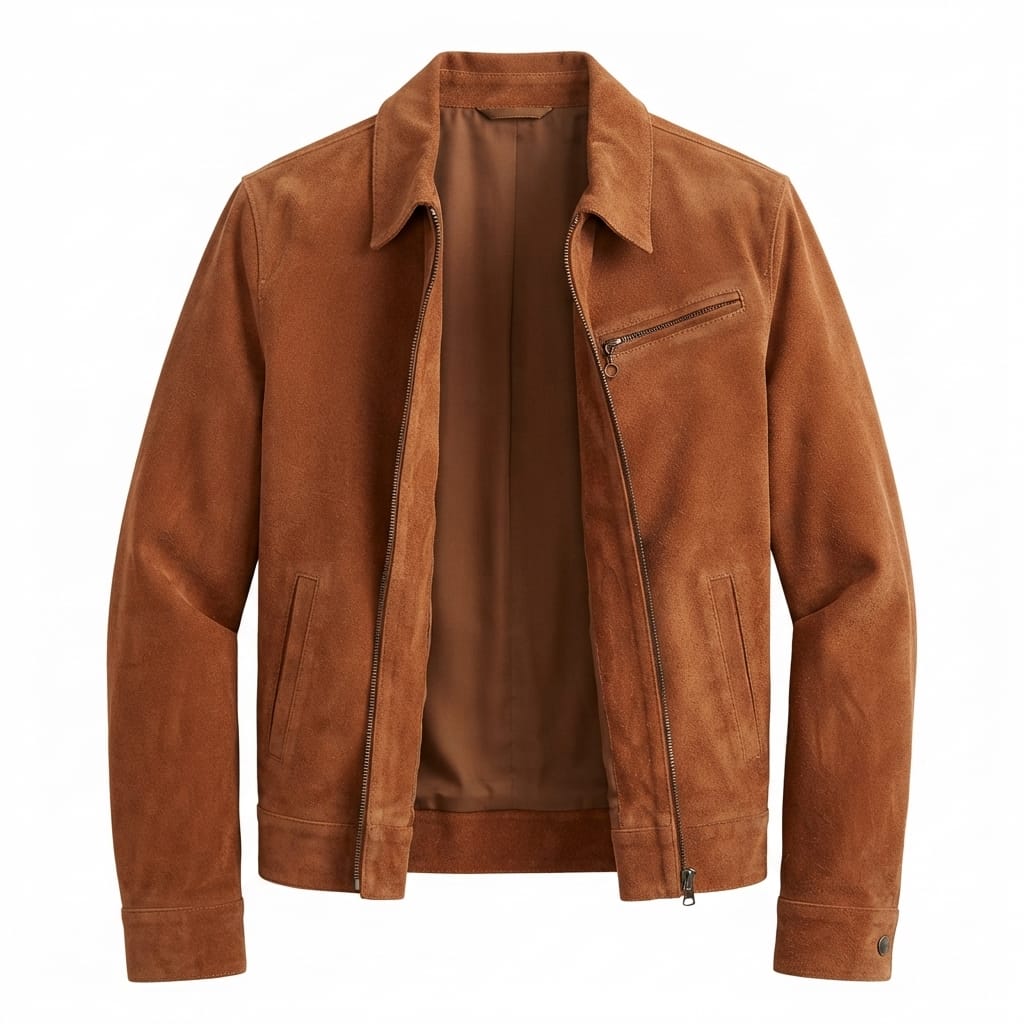 Men's Saddle Brown Suede Original Leather Zip Shirt-Collar Jacket