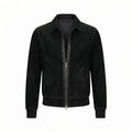 Men's Jet Black Suede Premium Original Leather Zip Shirt-Collar Jacket