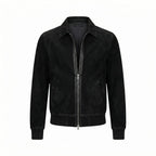 Men's Jet Black Suede Premium Original Leather Zip Shirt-Collar Jacket