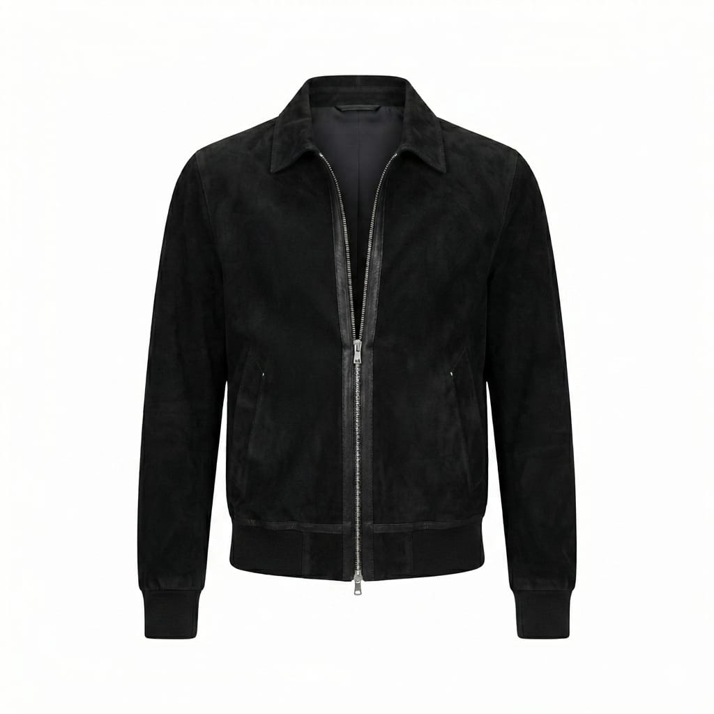 Men's Jet Black Suede Premium Original Leather Zip Shirt-Collar Jacket