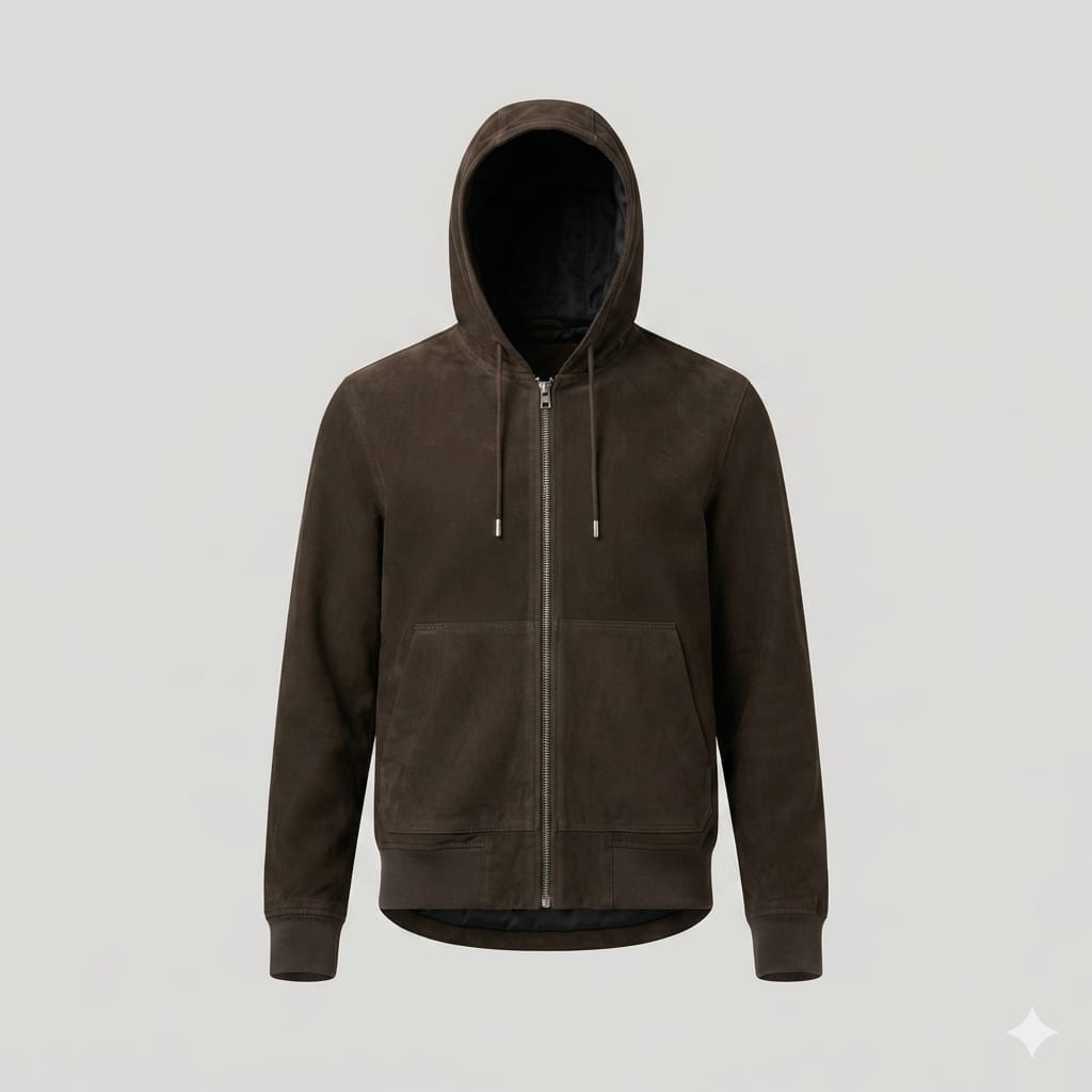 Men's Dark Olive Suede Original Premium Leather Zip Hoodie Jacket