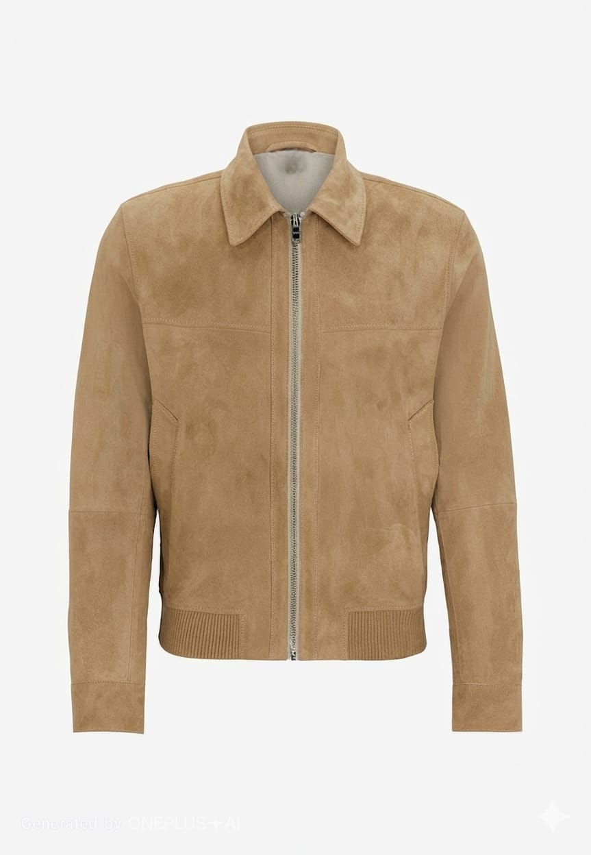 Men's Sand Khaki Suede Premium Original Leather Zip Shirt-Collar Jacket