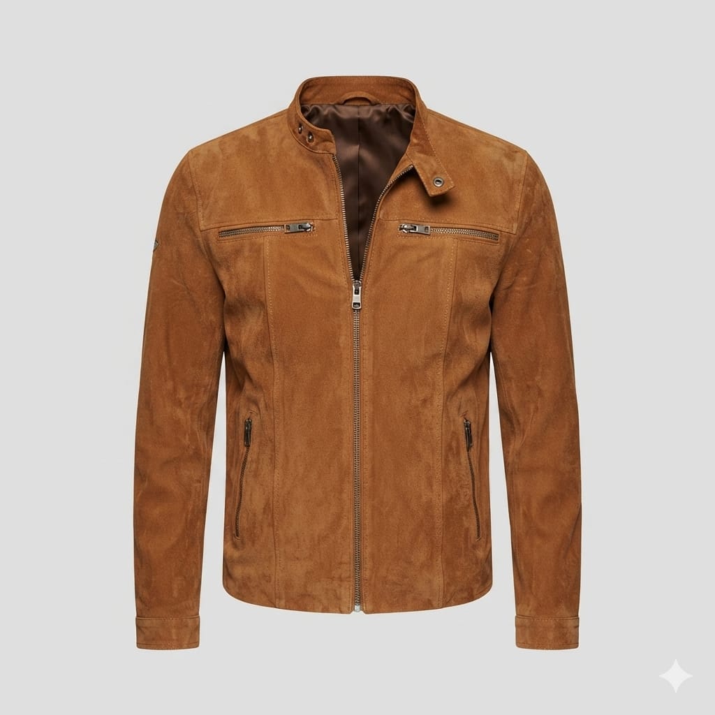 Men's Whiskey Tan Suede Original Leather Premium Racer Jacket