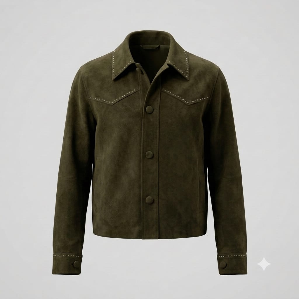 Women's Premium Olive Green Studded Original Suede Leather Western Jacket