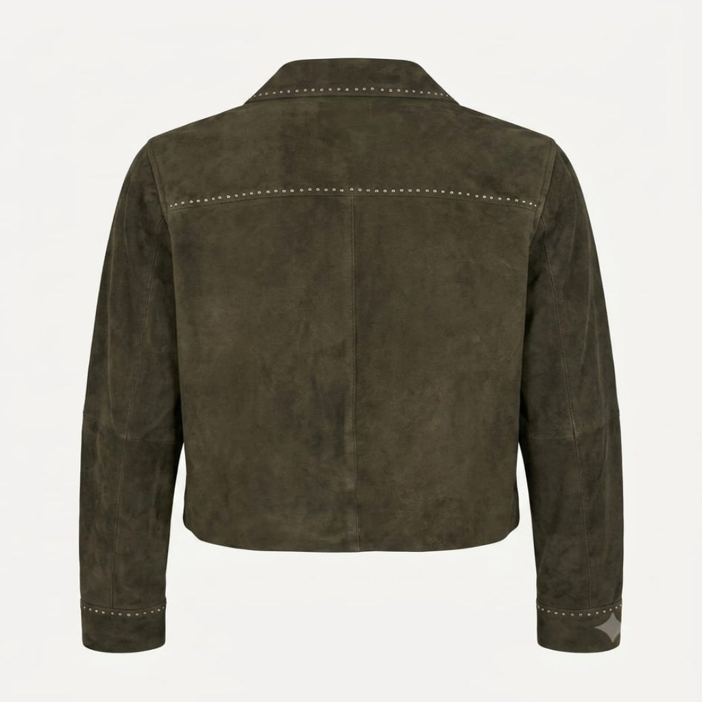 Women's Premium Olive Green Studded Original Suede Leather Western Jacket