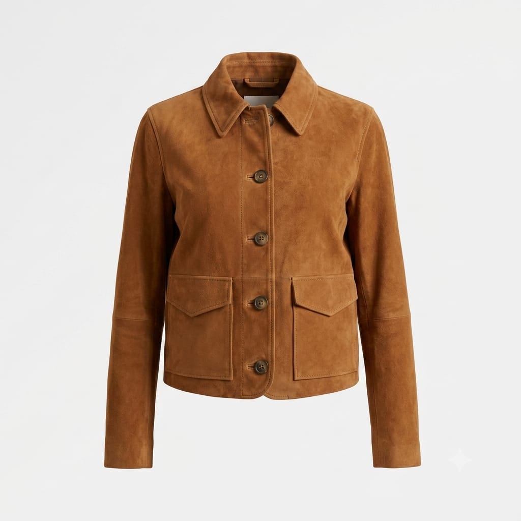 Women's Tan Suede Original Leather Chore Jacket with Horn Buttons