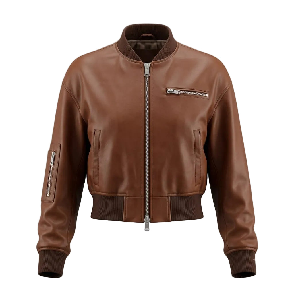Women's Premium Brown Cropped Original Genuine Lambskin Leather Bomber Jacket — Spread Collar – front view – Kamercio