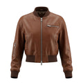 Women's Premium Brown Cropped Original Genuine Lambskin Leather Bomber Jacket — Spread Collar – front view – Kamercio