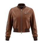 Women's Premium Brown Cropped Original Genuine Lambskin Leather Bomber Jacket — Spread Collar – front view – Kamercio