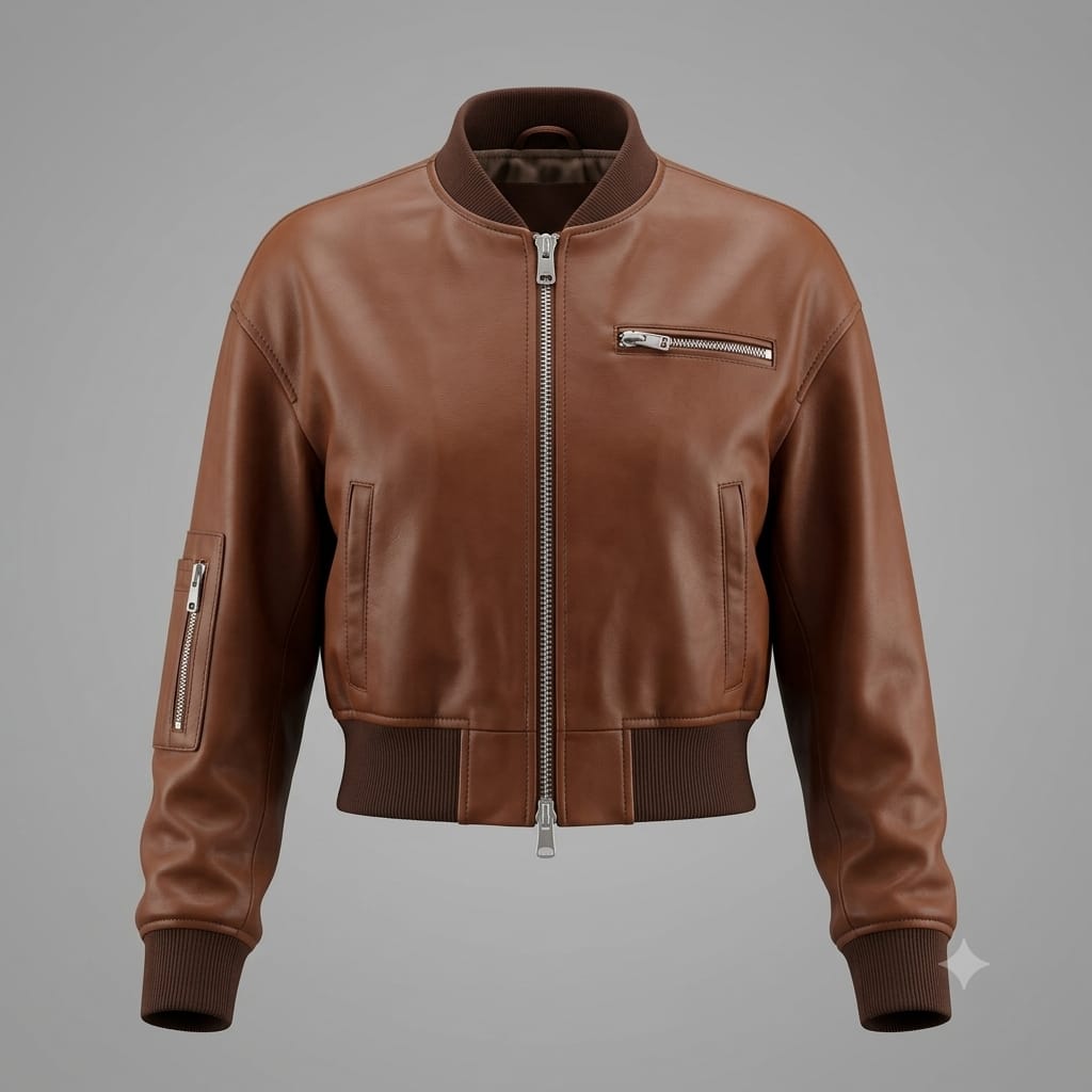 Women's Premium Brown Cropped Original Genuine Lambskin Leather Bomber Jacket — Spread Collar