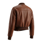 Women's Premium Brown Cropped Original Genuine Lambskin Leather Bomber Jacket — Spread Collar – back view – Kamercio