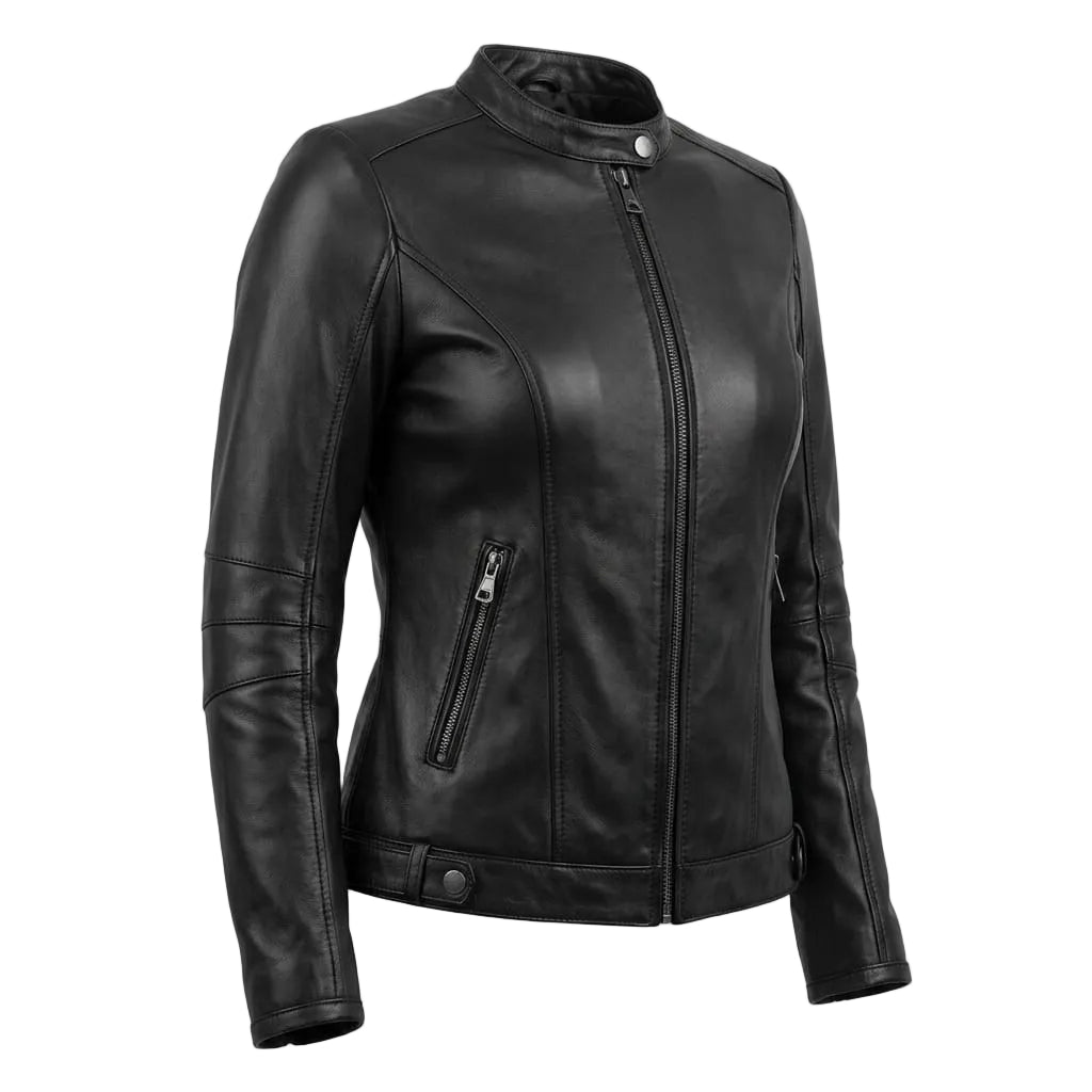 Women's Black Collarless Leather Moto Jacket Clean Zip