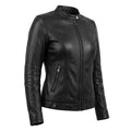 Women's Premium Black Collarless Original Genuine Leather Moto Jacket — Clean Zip – biker jacket, front view – Kamercio