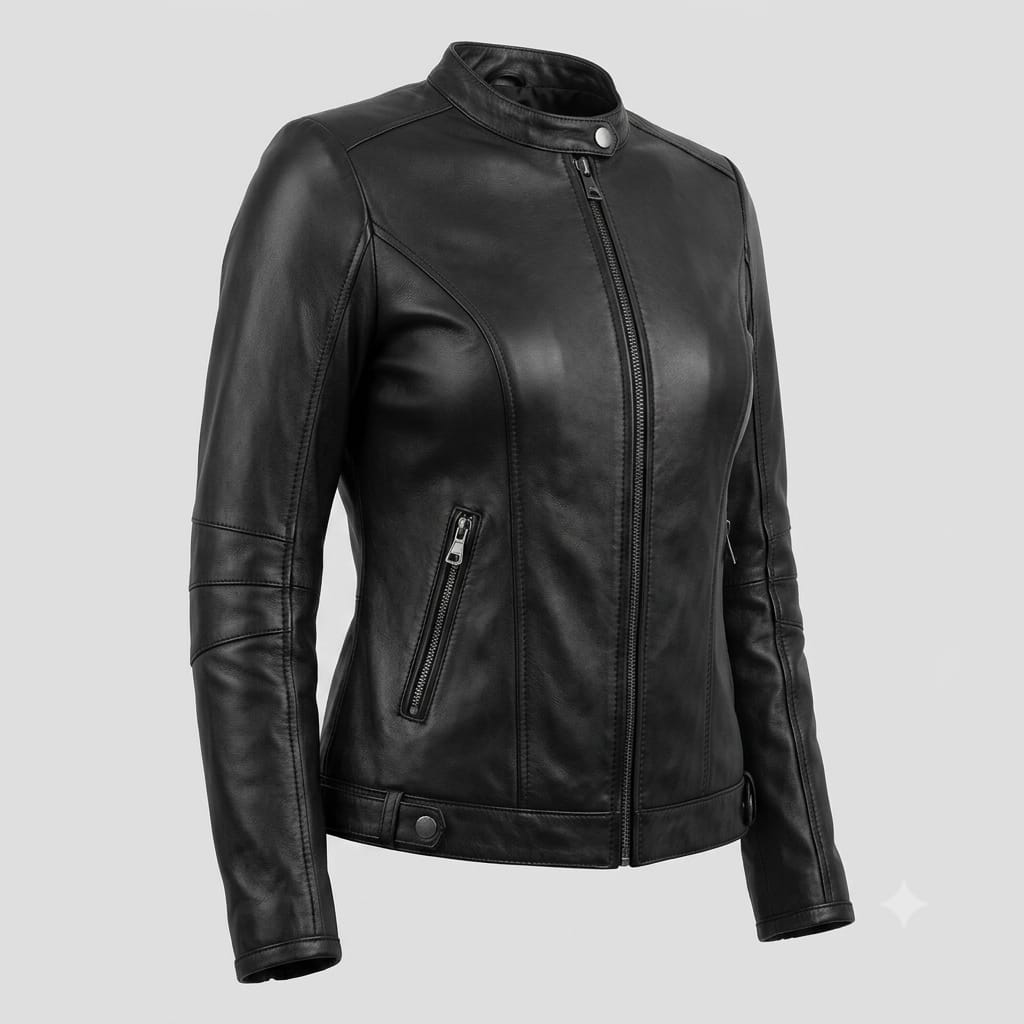 Women's Premium Black Collarless Original Genuine Leather Moto Jacket — Clean Zip