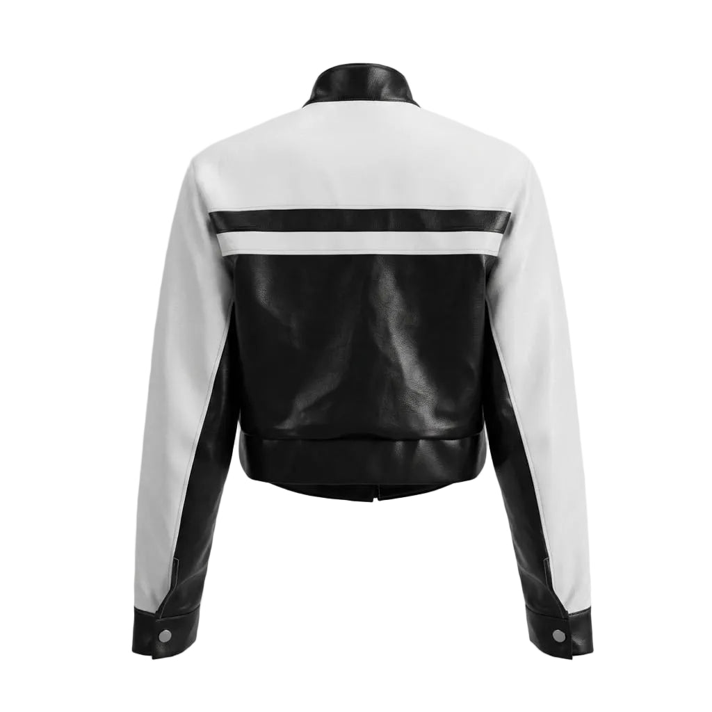 Women's Premium Black & White Colour-Block Original Leather Racing Jacket – leather jacket, back view – Kamercio