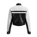 Women's Premium Black & White Colour-Block Original Leather Racing Jacket – leather jacket, back view – Kamercio