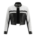 Women's Premium Black & White Colour-Block Original Leather Racing Jacket – leather jacket, front view – Kamercio