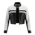 Women's Premium Black & White Colour-Block Original Leather Racing Jacket – leather jacket, front view – Kamercio