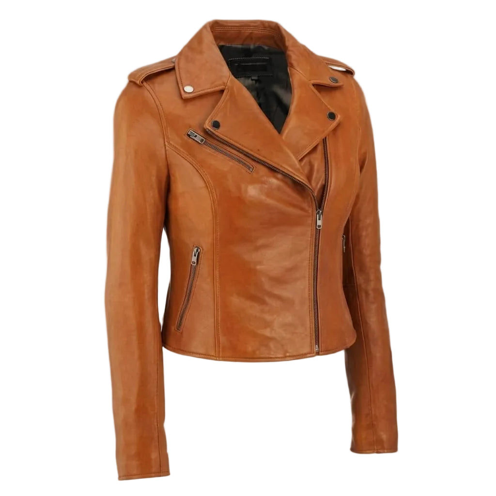Women's Premium Tan Slim-Fit Original Leather Biker Jacket — Asymmetric Zip – brown, front view – Kamercio