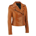 Women's Premium Tan Slim-Fit Original Leather Biker Jacket — Asymmetric Zip – brown, front view – Kamercio