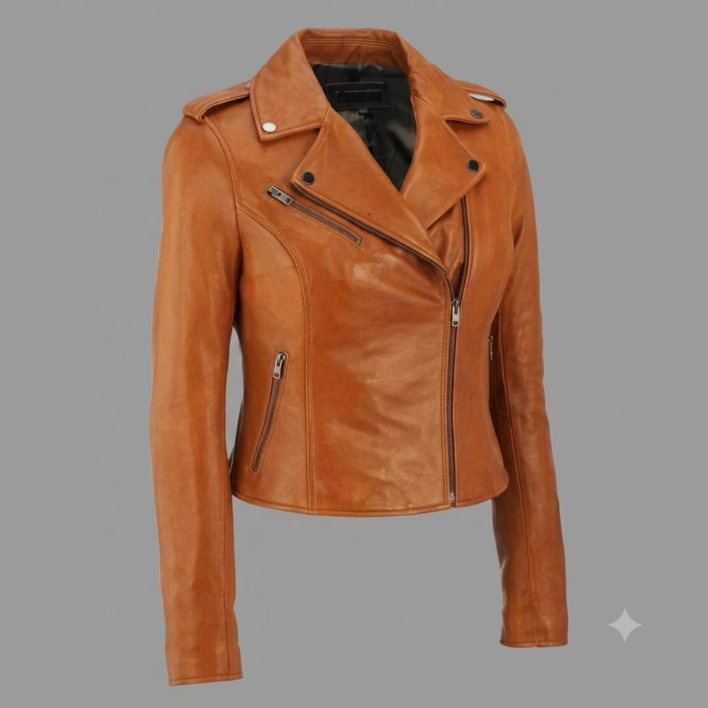 Women's Premium Tan Slim-Fit Original Leather Biker Jacket — Asymmetric Zip