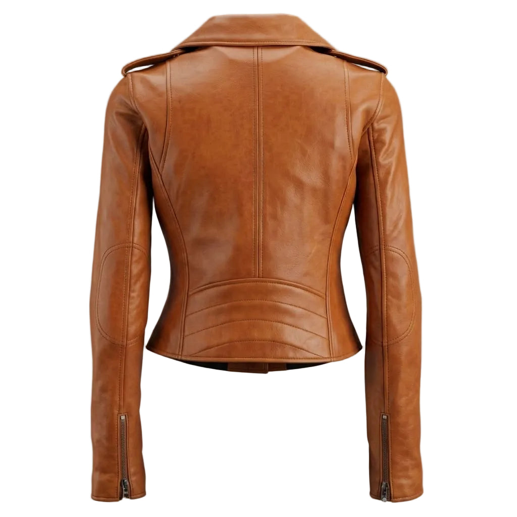 Women's Premium Tan Slim-Fit Original Leather Biker Jacket — Asymmetric Zip – brown, back view – Kamercio