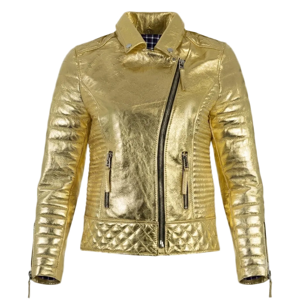 Women's Gold Metallic Premium Original Genuine Leather Biker Jacket — Quilted Detail – front view – Kamercio