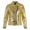 Women's Gold Metallic Premium Original Genuine Leather Biker Jacket — Quilted Detail – front view – Kamercio