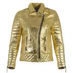 Women's Gold Metallic Premium Original Genuine Leather Biker Jacket — Quilted Detail – front view – Kamercio