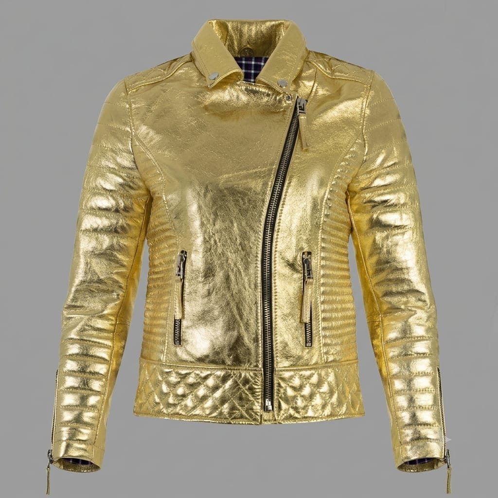 Women's Gold Metallic Premium Original Genuine Leather Biker Jacket — Quilted Detail