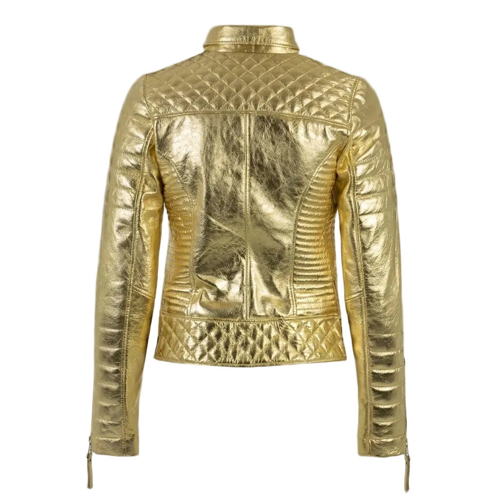 Women's Gold Metallic Premium Original Genuine Leather Biker Jacket — Quilted Detail – back view – Kamercio