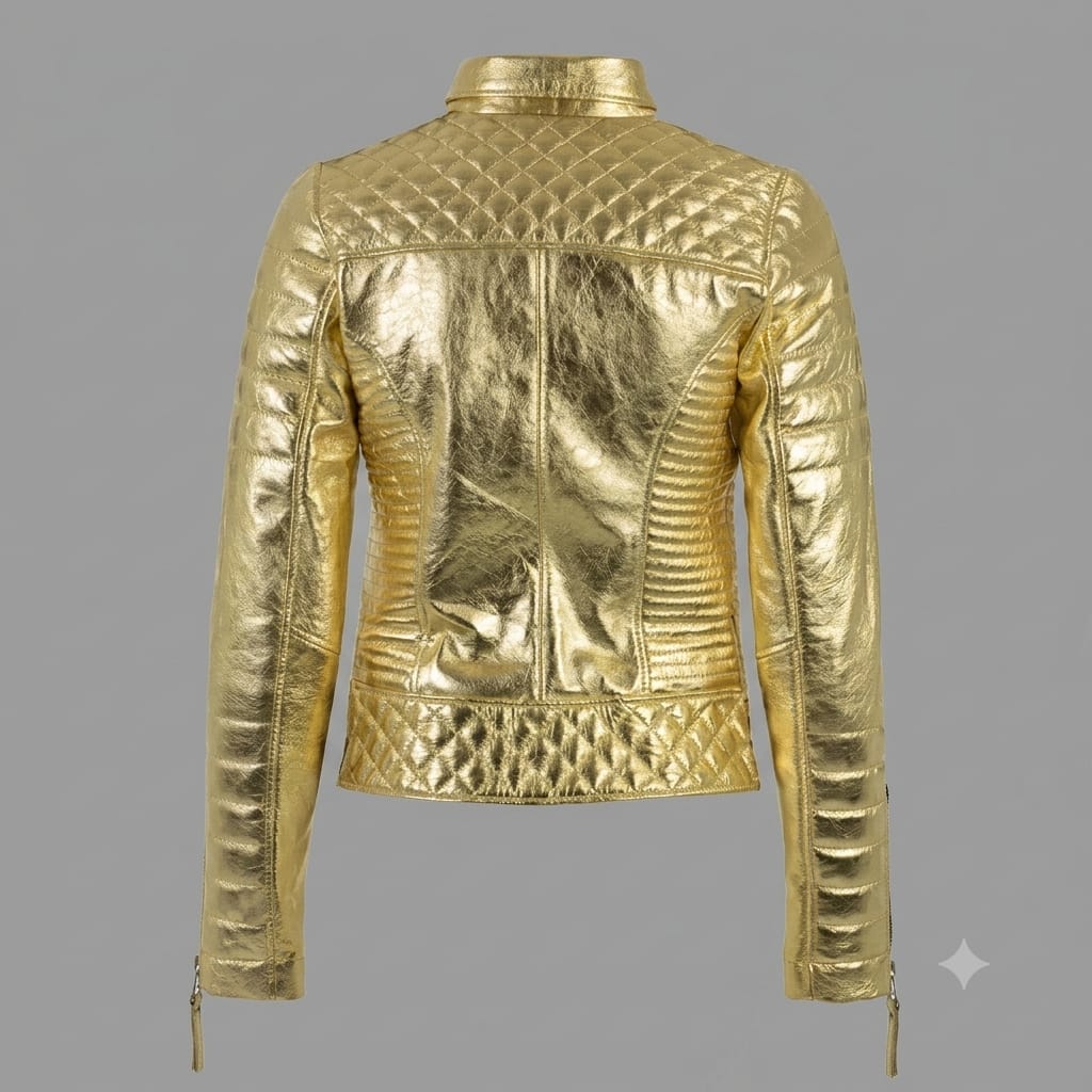 Women's Gold Metallic Premium Original Genuine Leather Biker Jacket — Quilted Detail