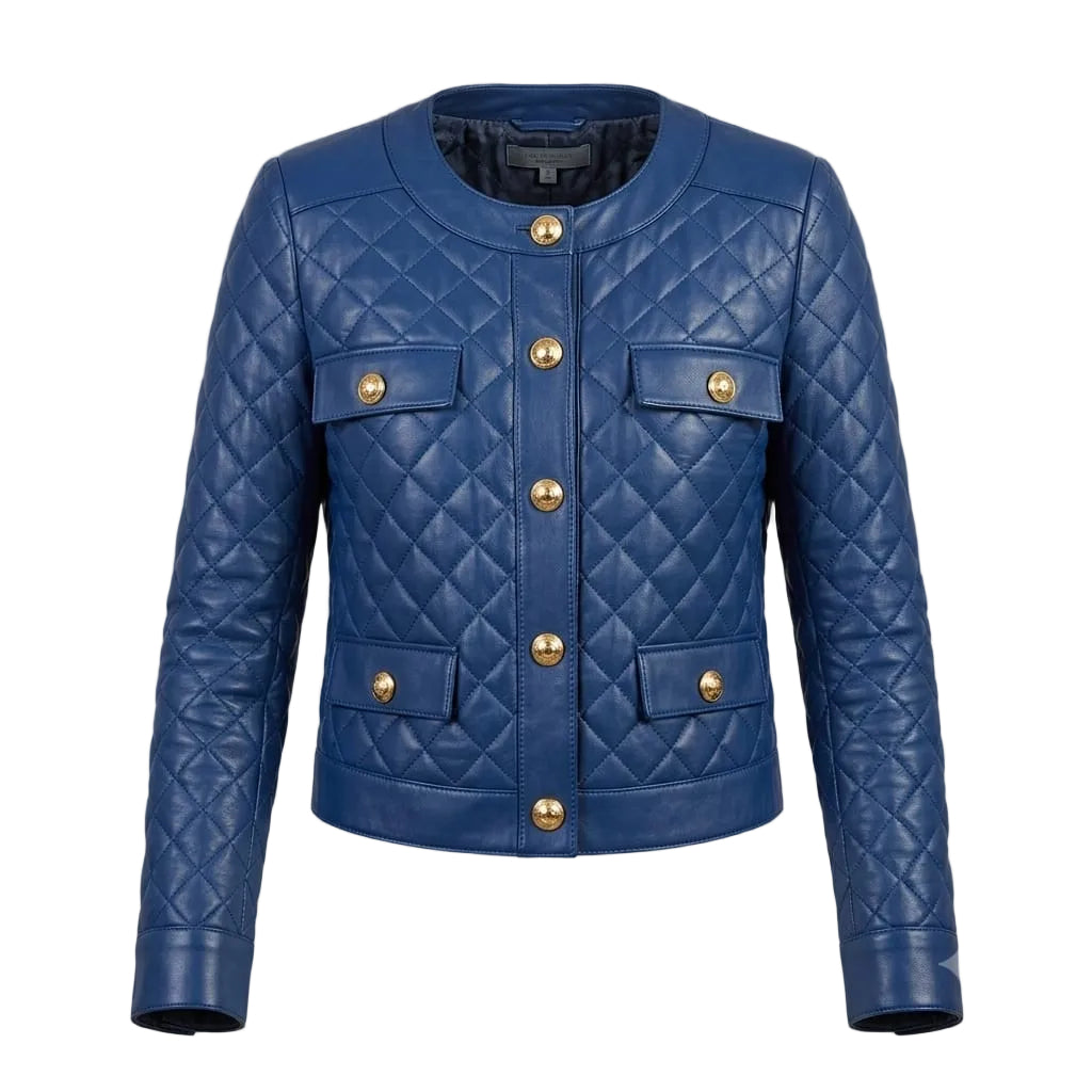 Women's Premium Blue Quilted Original Lambskin Genuine Leather Jacket — Gold Button – front view – Kamercio