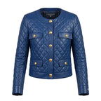 Women's Premium Blue Quilted Original Lambskin Genuine Leather Jacket — Gold Button – front view – Kamercio