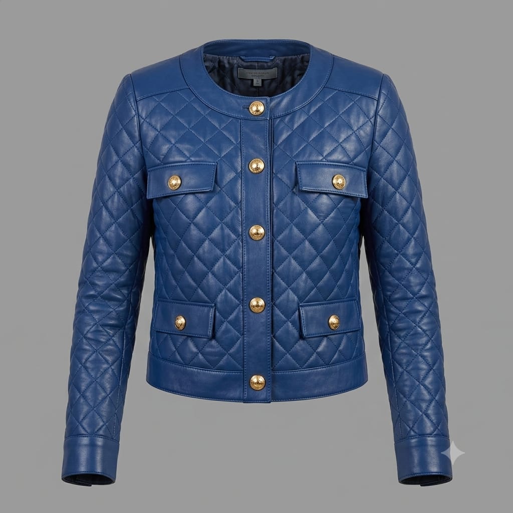 Women's Premium Blue Quilted Original Lambskin Genuine Leather Jacket — Gold Button