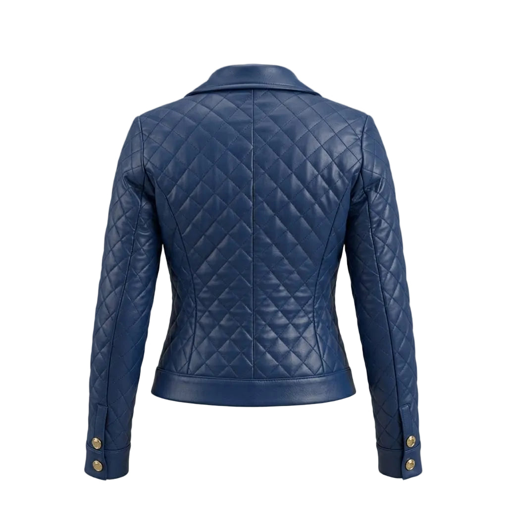 Women's Premium Blue Quilted Original Lambskin Genuine Leather Jacket — Gold Button – back view – Kamercio