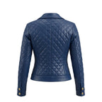 Women's Premium Blue Quilted Original Lambskin Genuine Leather Jacket — Gold Button – back view – Kamercio