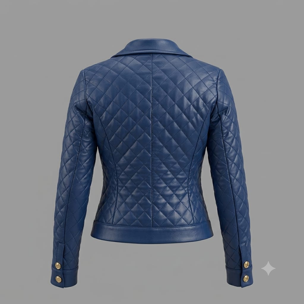 Women's Premium Blue Quilted Original Lambskin Genuine Leather Jacket — Gold Button