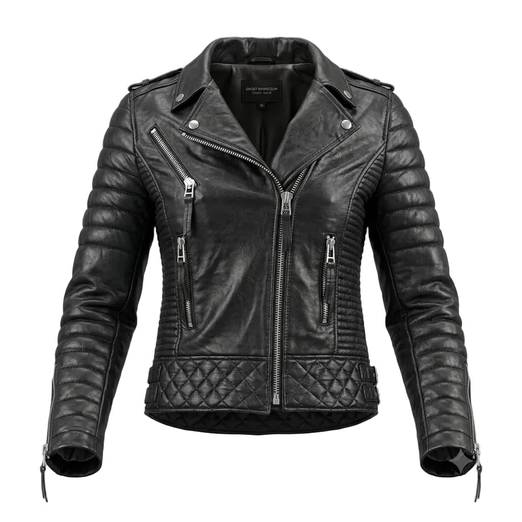 Women's Premium Black Quilted Sleeve Original Leather Biker Jacket – front view – Kamercio