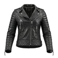 Women's Premium Black Quilted Sleeve Original Leather Biker Jacket – front view – Kamercio