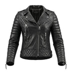 Women's Premium Black Quilted Sleeve Original Leather Biker Jacket – front view – Kamercio