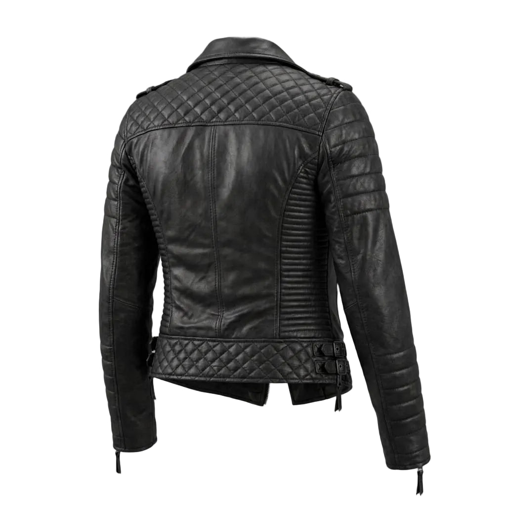 Women's Premium Black Quilted Sleeve Original Leather Biker Jacket – back view – Kamercio