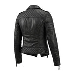 Women's Premium Black Quilted Sleeve Original Leather Biker Jacket – back view – Kamercio