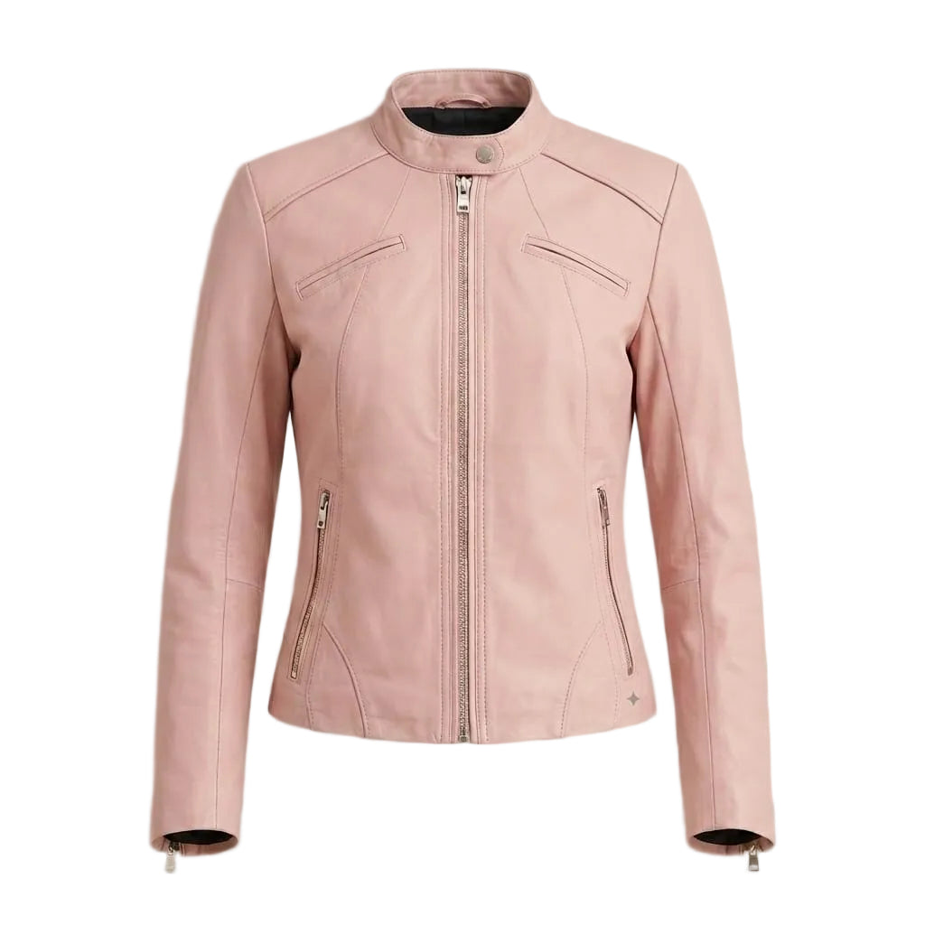 Women's Premium Blush Pink Original Lambskin Leather Moto Jacket — Collarless – biker jacket, front view – Kamercio