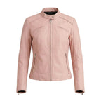 Women's Premium Blush Pink Original Lambskin Leather Moto Jacket — Collarless – biker jacket, front view – Kamercio