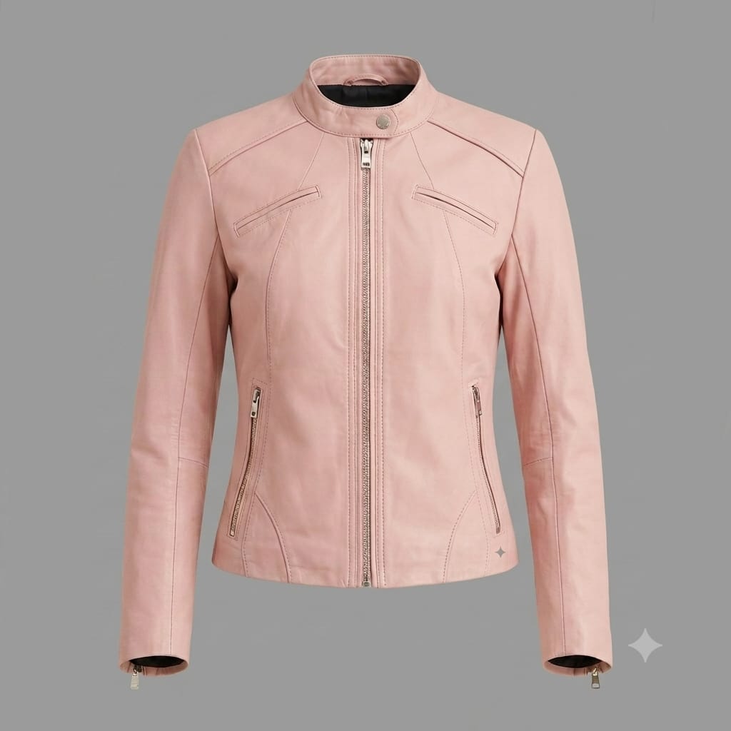 Women's Premium Blush Pink Original Lambskin Leather Moto Jacket — Collarless